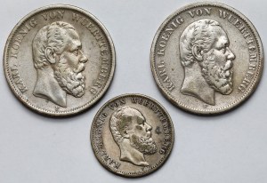 Germany, Württemberg, 2-5 marks 1875-1876 - set (3pcs)
