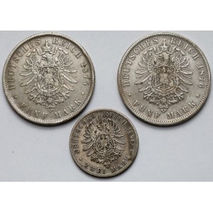 Niemcy, Wirtembergia, 2-5 marek 1875-1876 - zestaw (3szt)