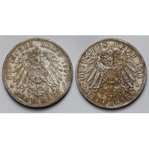 Niemcy, Bawaria i Wirtembergia, 5 marek 1907-1911 - zestaw (2szt)