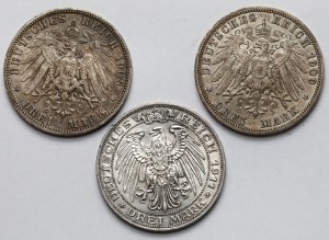 Allemagne, Prusse, 3 marques 1908-1911 - set (3pcs)