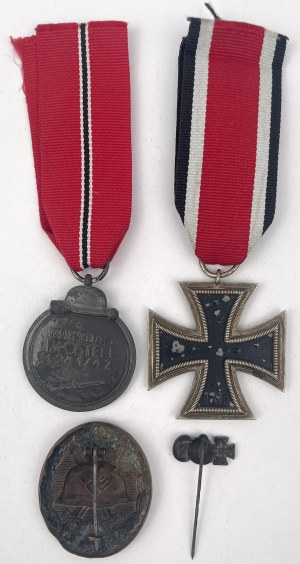 Germany, Third Reich, 1939 Iron Cross, 1941/1942 Winter Campaign Medal, Wounded Badge and Miniature on Pin - set (4pcs)