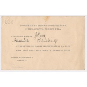 Zaproszenie od PREZYDENT Rzeczpospolitej i Ignacowej Mościckiej na Raut 3 maja 1927