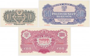 Zestaw REPRINTY emisji 1944 - bez nadruków - 1, 50 i 100 złoty (3szt)