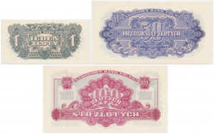 Zestaw REPRINTY emisji 1944 - bez nadruków - 1, 50 i 100 złoty (3szt)