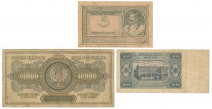 5 mkp mai 1919, 10 000 mkp 1923 et 20 zloty 1948 - set (3pc)