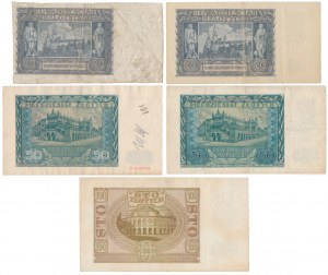 Occupation, y compris 50 zloty 1940 et 20 zloty sans numéro - set (5pcs)