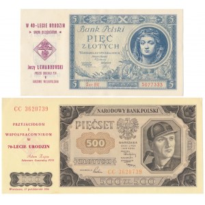 5 zł 1930 i 500 zł 1948 - z nadrukami - zestaw (2szt)