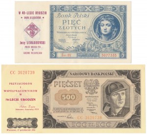 5 zlotys 1930 et 500 zlotys 1948 - avec empreintes - set (2pcs)