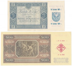 5 zlotys 1930 et 500 zlotys 1948 - avec empreintes - set (2pcs)