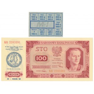 100 zł 1948 z nadrukiem i kartka zaopatrzeniowa - zestaw (2szt)