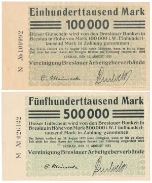 Wrocław [Breslau], 100 000 et 500 000 marks 1923 - ensemble (2pcs)