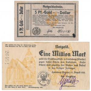 Landsberg an der Warthe (Gorzów Wielkopolski), 5 pf gold i 1 mln mk 1923 - zestaw (2szt)