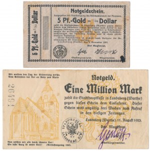 Gorzów Wielkopolski [Landsberg an der Warthe], 5 pf or et 1 mln mk 1923 - set (2pcs)