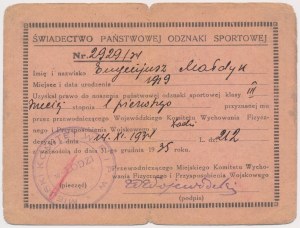 II RP, Legitymacja do Państwowej Bad Badą Sportowej kl.III (laissez-passer pour l'insigne national des sports cl.III).