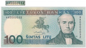 Lithuania, 100 Lit 1991 - AA 0000032 - low two-digit number