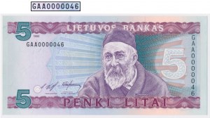 Lithuania, 5 Litai 1993 - GAA 0000046 - low two-digit number