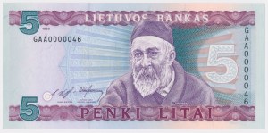 Lithuania, 5 Litai 1993 - GAA 0000046 - low two-digit number