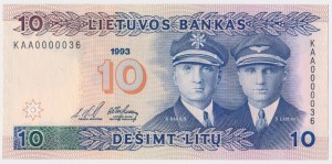 Lithuania, 10 Lit 1993 - KAA 0000036 - low two-digit number