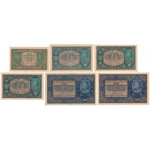 Zestaw 5, 10 i 100 mkp 1919 Sierpień (6szt)