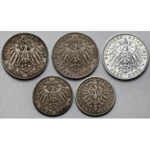 Niemcy, Saksonia, 2-3 marki 1876-1913 - zestaw (5szt)