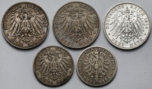 Germany, Saxony, 2-3 marks 1876-1913 - set (5pcs)