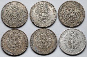 Allemagne, Saxe, 5 marks 1875-1902 - set (6pcs)