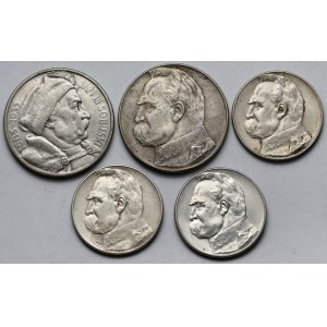 Sobieski i Piłsudski 5-10 złotych 1933-1939 - zestaw (5szt)