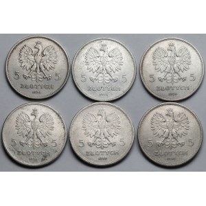 Nike i Sztandar 5 złotych 1928-1930 - zestaw (6szt)