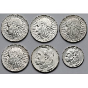 Piłsudski i Głowa Kobiety 2-5 złotych 1932-1936 - zestaw (6szt)