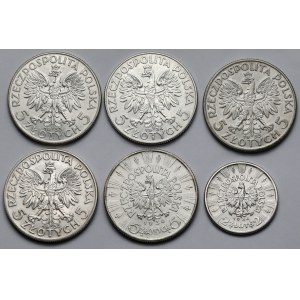Piłsudski i Głowa Kobiety 2-5 złotych 1932-1936 - zestaw (6szt)
