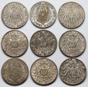 Allemagne, Prusse, 2 marques 1876-1911 - set (9pcs)