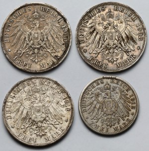 Germany, Württemberg, 2-3 marks 1908-1913 - set (4pcs)
