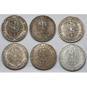 Niemcy, Prusy, 5 marek 1874-1876 - zestaw (6szt)