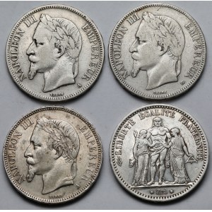 Francja, Napoleon III i Republika, 5 franków 1867-1875 - zestaw (4szt)