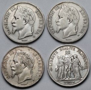 France, Napoleon III and the Republic, 5 francs 1867-1875 - set (4pcs)