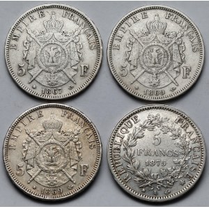 Francja, Napoleon III i Republika, 5 franków 1867-1875 - zestaw (4szt)