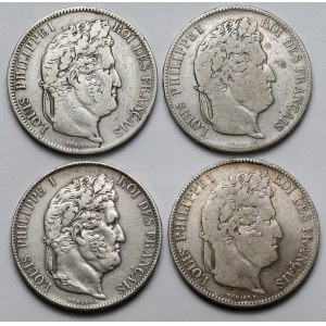 Francja, Ludwik Filip I, 5 franków 1833-1848 - zestaw (4szt)