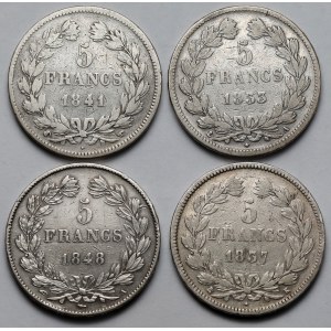 Francja, Ludwik Filip I, 5 franków 1833-1848 - zestaw (4szt)