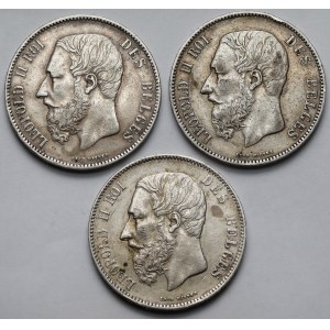 Belgia, Leopold II, 5 franków 1868-1875 - zestaw (3szt)