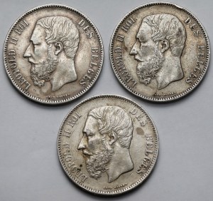 Belgique, Léopold II, 5 francs 1868-1875 - set (3pc)