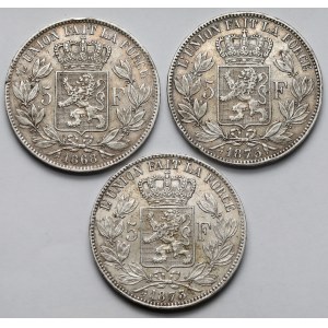Belgia, Leopold II, 5 franków 1868-1875 - zestaw (3szt)