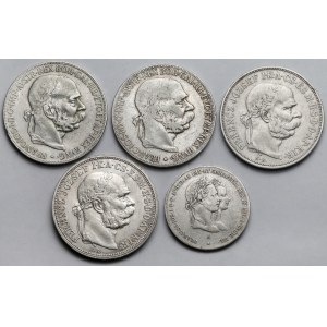 Austria i Węgry, Franciszek Józef I, Medal 1844 i 5 koron 1900-1909 - zestaw (5szt)