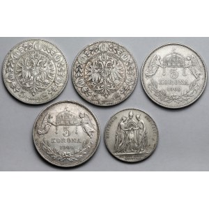 Austria i Węgry, Franciszek Józef I, Medal 1844 i 5 koron 1900-1909 - zestaw (5szt)