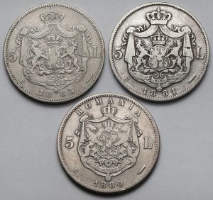 Roumanie, Charles Ier, 5 lei 1880-1883 - set (3pcs)