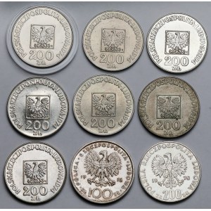 100-200 złotych 1974-1976 XXX lat PRL, Igrzyska i Kościuszko - zestaw (9szt)