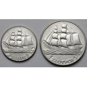 Żaglowiec 2 i 5 złotych 1936 - zestaw (2szt)