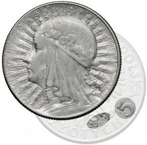 Tête de femme 5 zlotys 1932 avec marque, Varsovie - rare
