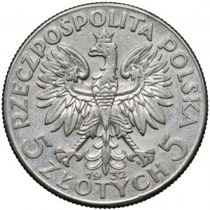 Tête de femme 5 zlotys 1932 avec marque, Varsovie - rare