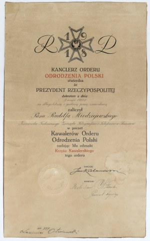 II RP, Diplôme de l'Ordre de Polonia Restituta cl.V - Sosnowiec