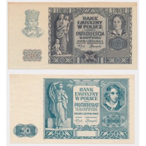 20 zł 1940 i 50 zł 1941 bez poddruku, serii i numeru - zestaw (2szt)